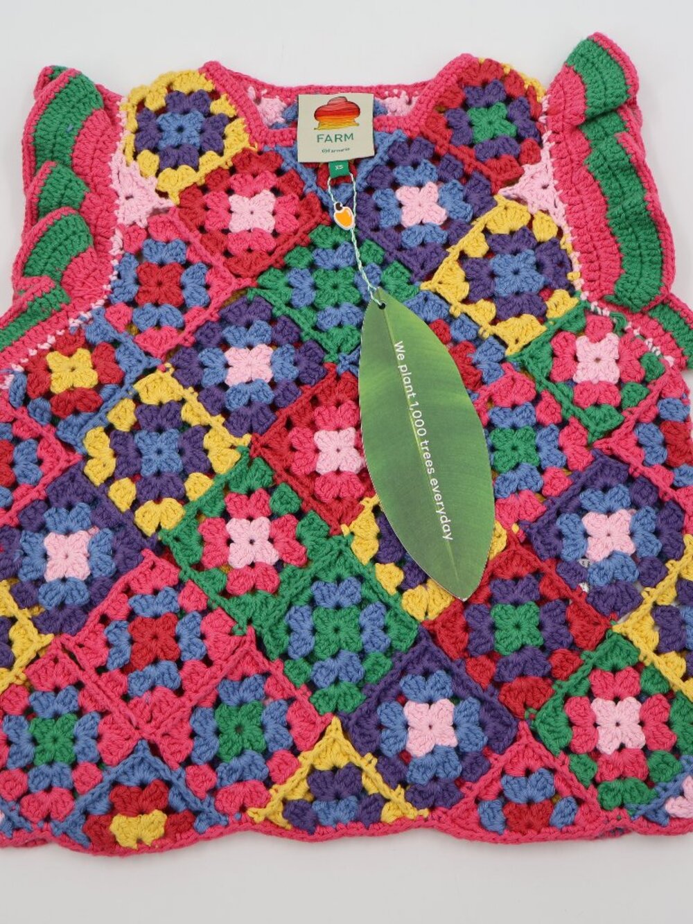 Farm‎ Rio Crochet Square Vest Womens XS Red Multi Ruffle Granny Square NWT